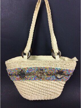 Cappelli Straworld Straw Tote Handbag With Beaded Design & Shell Accents